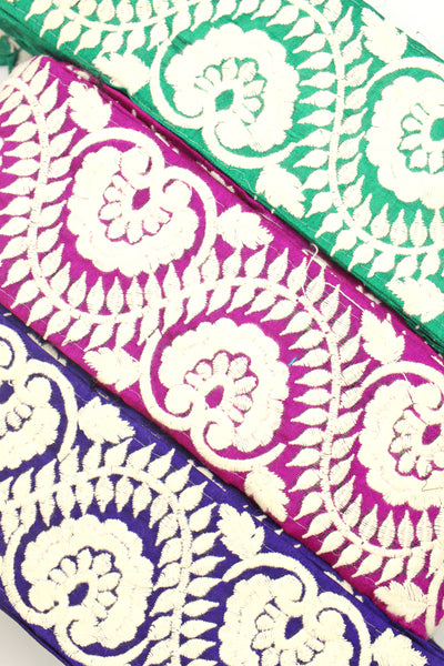 White Embroidered Floral Vines Ribbon, Purple, Magenta, Green Trim, 3"x1 Yard
