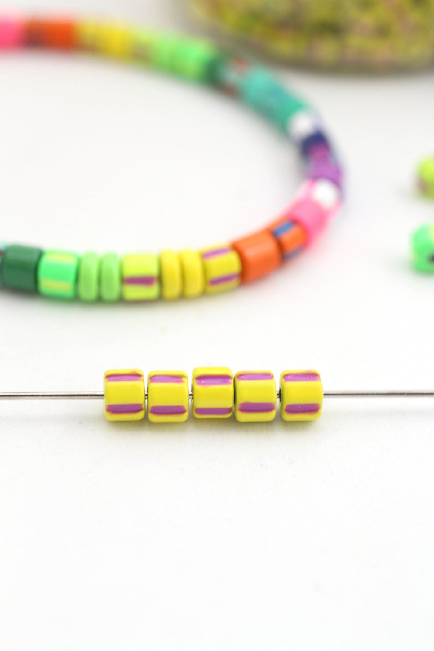 Yellow Purple Striped Candy Disc Enamel Heishi Beads, 4mm, for Stretch Bracelets