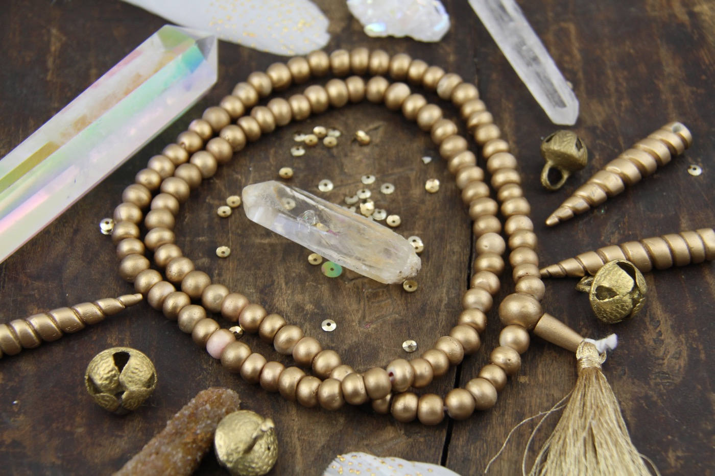 Golden Glow Bone Mala Beads, 108 beads, Exclusive Metallic Color
