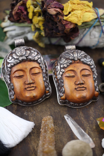 Sterling Silver & Wood Buddha: 2.75" Carved Pendant, 1 piece - ShopWomanShopsWorld.com. Bone Beads, Tassels, Pom Poms, African Beads.