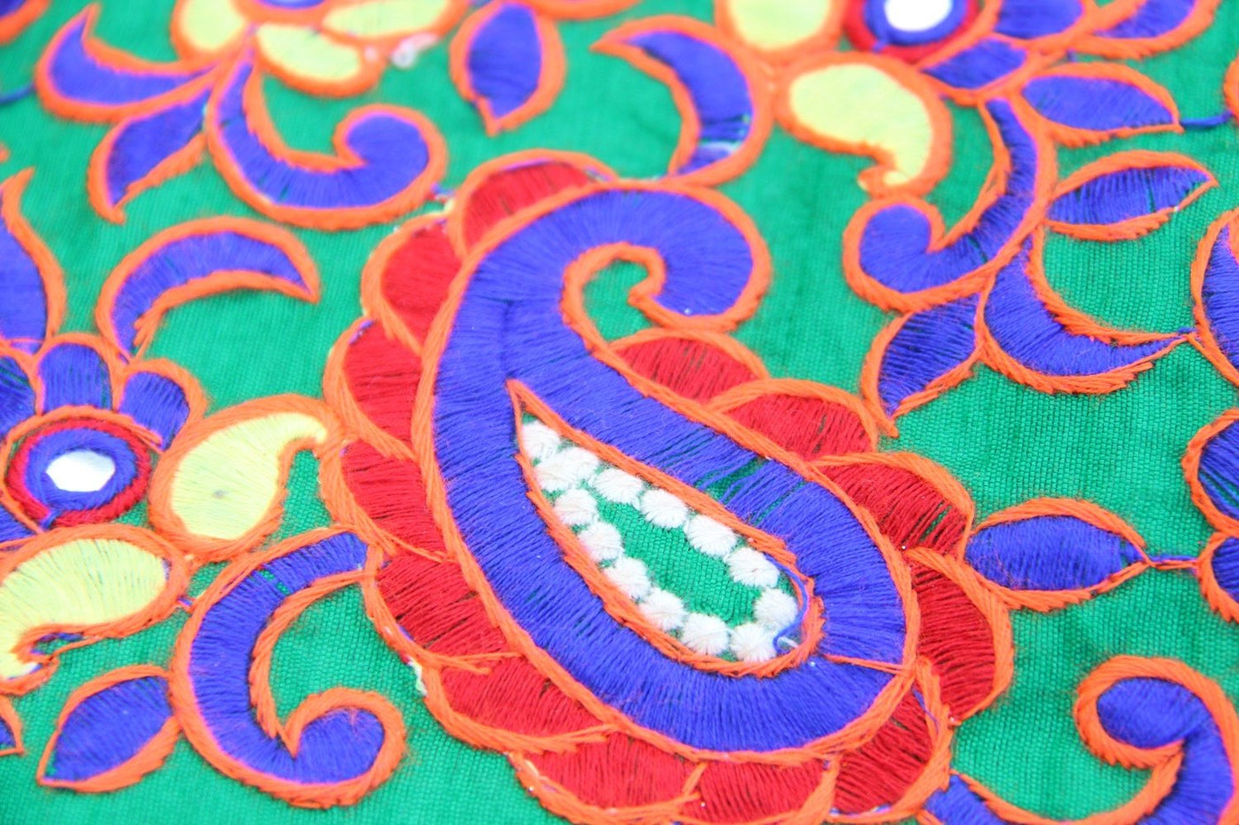 Embroidered Floral Fabric from India, Green Silk Wall Hanging Textile