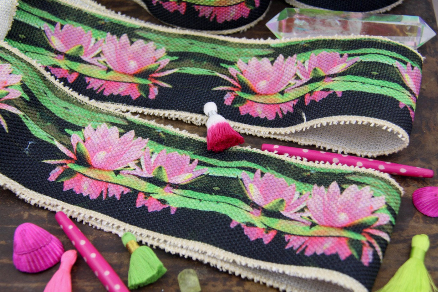 Pink Lotus on Burlap Ribbon, Trim, Lace Sari Border, 3.25" x 1 Yard