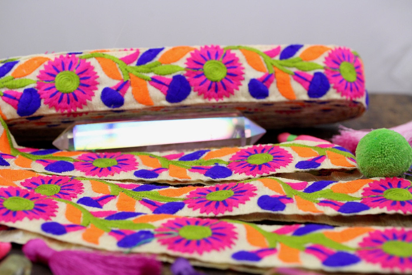 Neon Garden Blossom: Bright Floral Embroidered Silk Trim, Ribbon, Sari Border, 1.5"x1 Yard