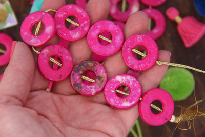 Magenta Tribal Donut: Hand Painted Beads, 25mm, 8 pieces