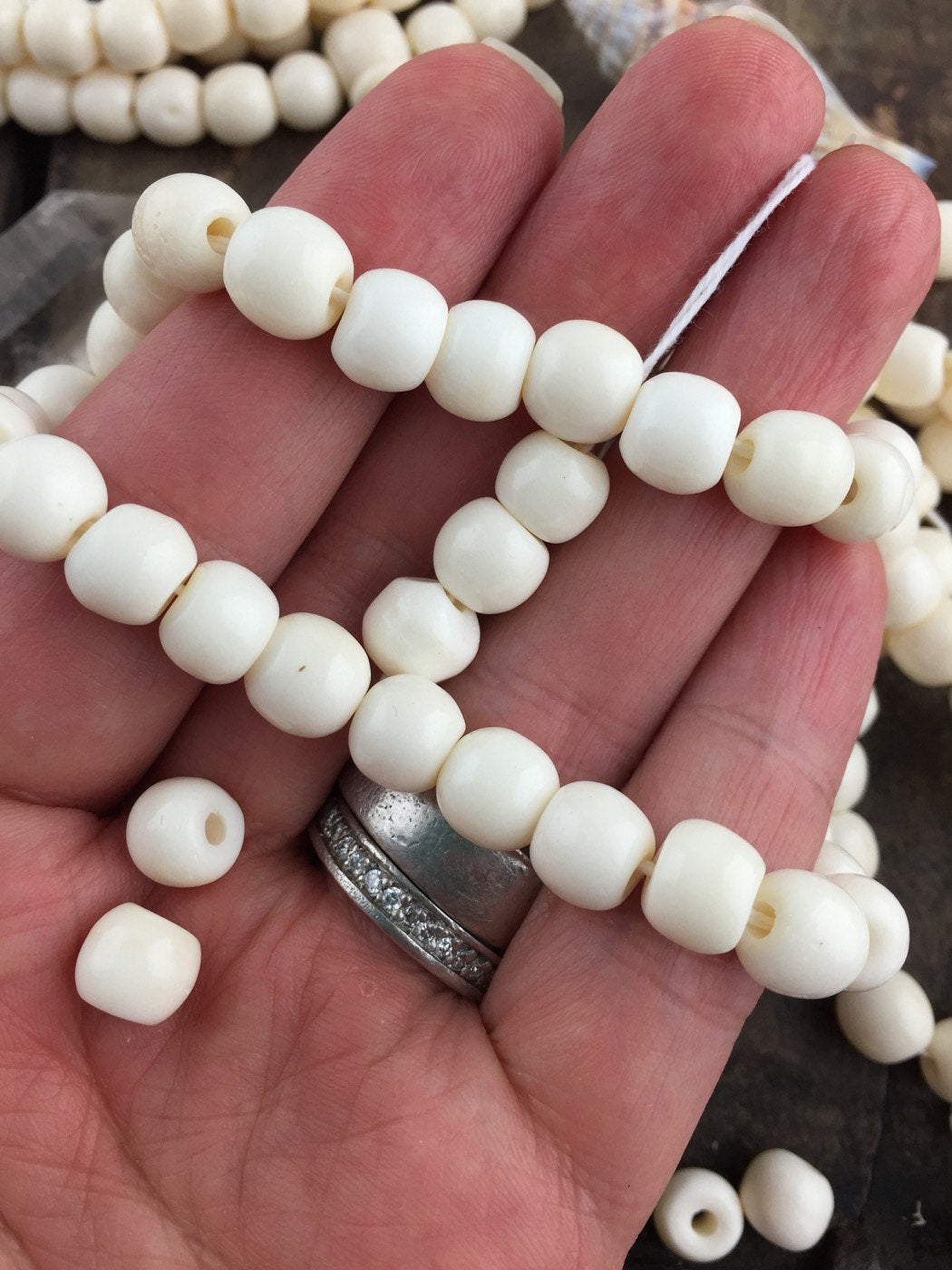 White Rondelle Bone Beads 8mm, 108 Bead Mala