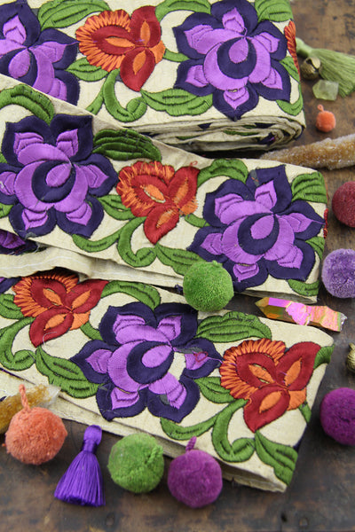 Autumn Garden: Purple, Orange, Green, Tan Trim, Ribbon, 3"x1 Yard - ShopWomanShopsWorld.com. Bone Beads, Tassels, Pom Poms, African Beads.