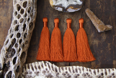 Burnt Orange Silky Luxe Jewelry Tassels, Handmade 3.5" Fringed Pendants
