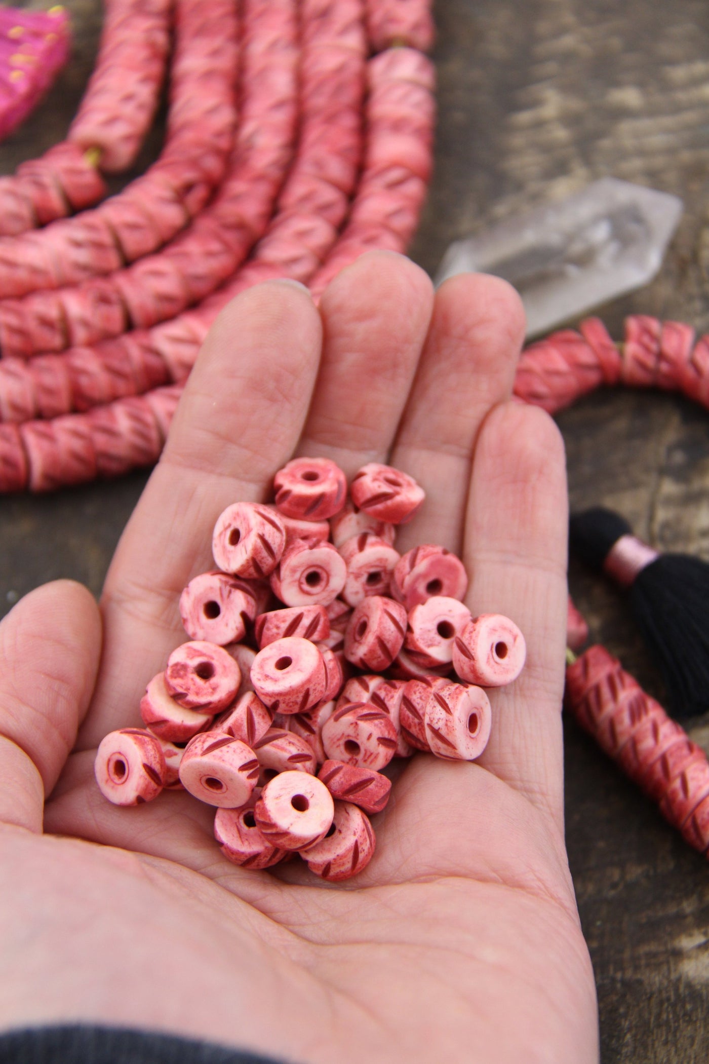 Red Slant: Handmade Carved Bone Disc Heishi Spacer Beads, 10x5mm, Christmas Holiday Jewelry Making