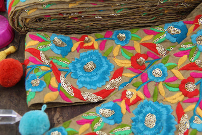 Embroidered Silk Trim: Tan, Blue, Floral, 3.5" x 1 yd, Cyan Blossom Fiesta