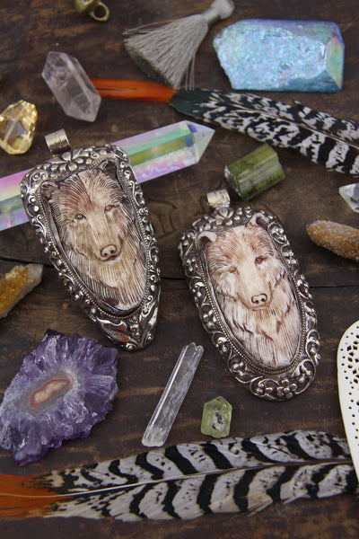 Bear in Bone: Nepali Silver Bezel Set, Carved Boho Pendant, 4" - ShopWomanShopsWorld.com. Bone Beads, Tassels, Pom Poms, African Beads.
