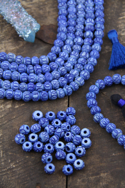 Blue Handmade Carved Rondelle Bone Beads, 8x7mm Jewelry Making Supplies, Round Mala Spacers