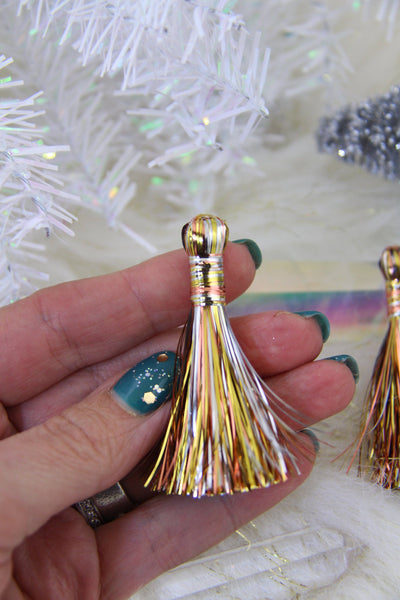 Mixed Metal Tinsel Tassels, Festive Metallic Bling Holiday Decor & Jewelry Making Supplies 