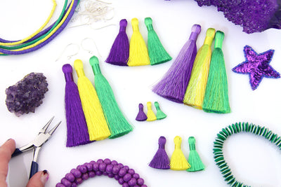 Mardi Gras Silky Tassels: Purple, Yellow, Green Jewelry Making Tassels, Assorted Sizes, 3 pcs.