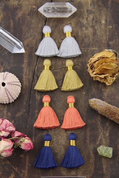 Autumn Mix 1.25" Mini Tassels: Boho Cotton Jewelry Making Supplies, 8 pcs, Grey, Orange, Blue, Tan