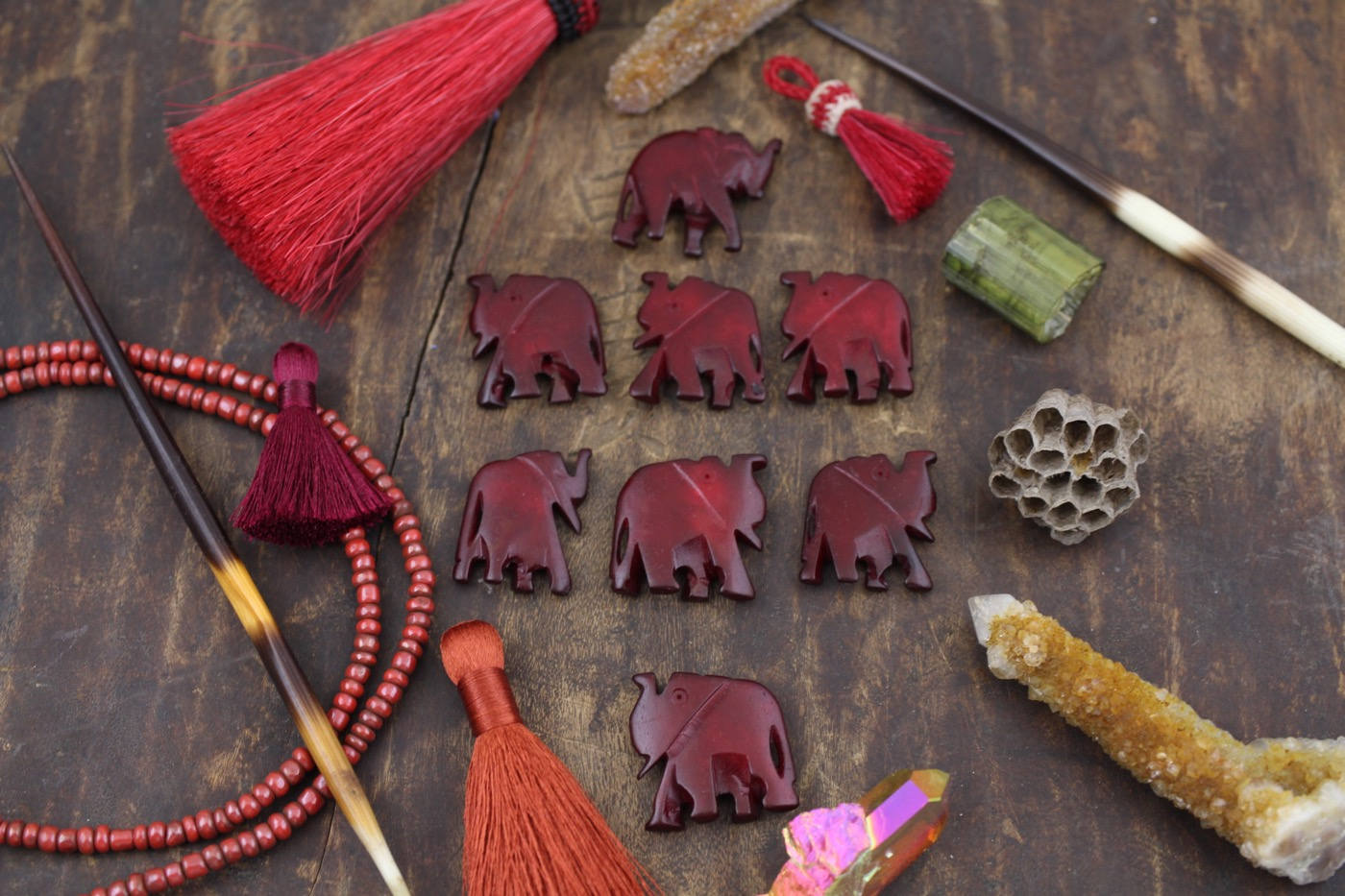 Herd of Burgundy Elephants : Hand Carved Bone Totem Focal Beads, 26x38mm,  8 pcs