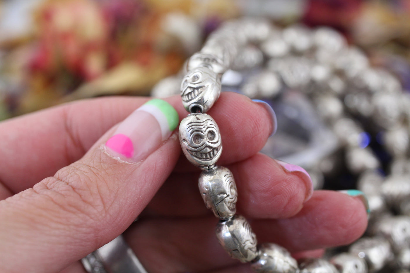 Dia de los Muertos Smiling Skulls: 11x8mm Sterling Silver Beads, 4 Pieces