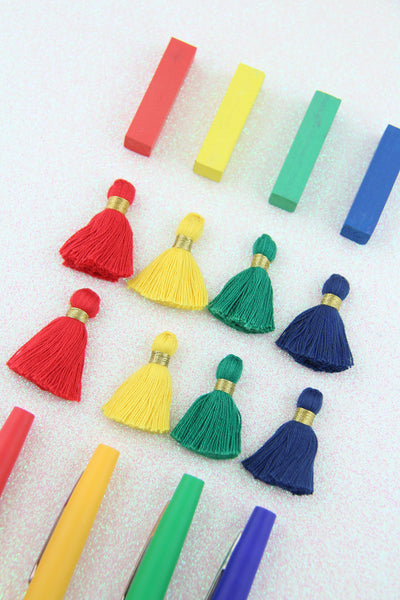 Primary Colors Mix Mini Tassels with Gold Binding, Jewelry Making, 1.25", 8 pcs