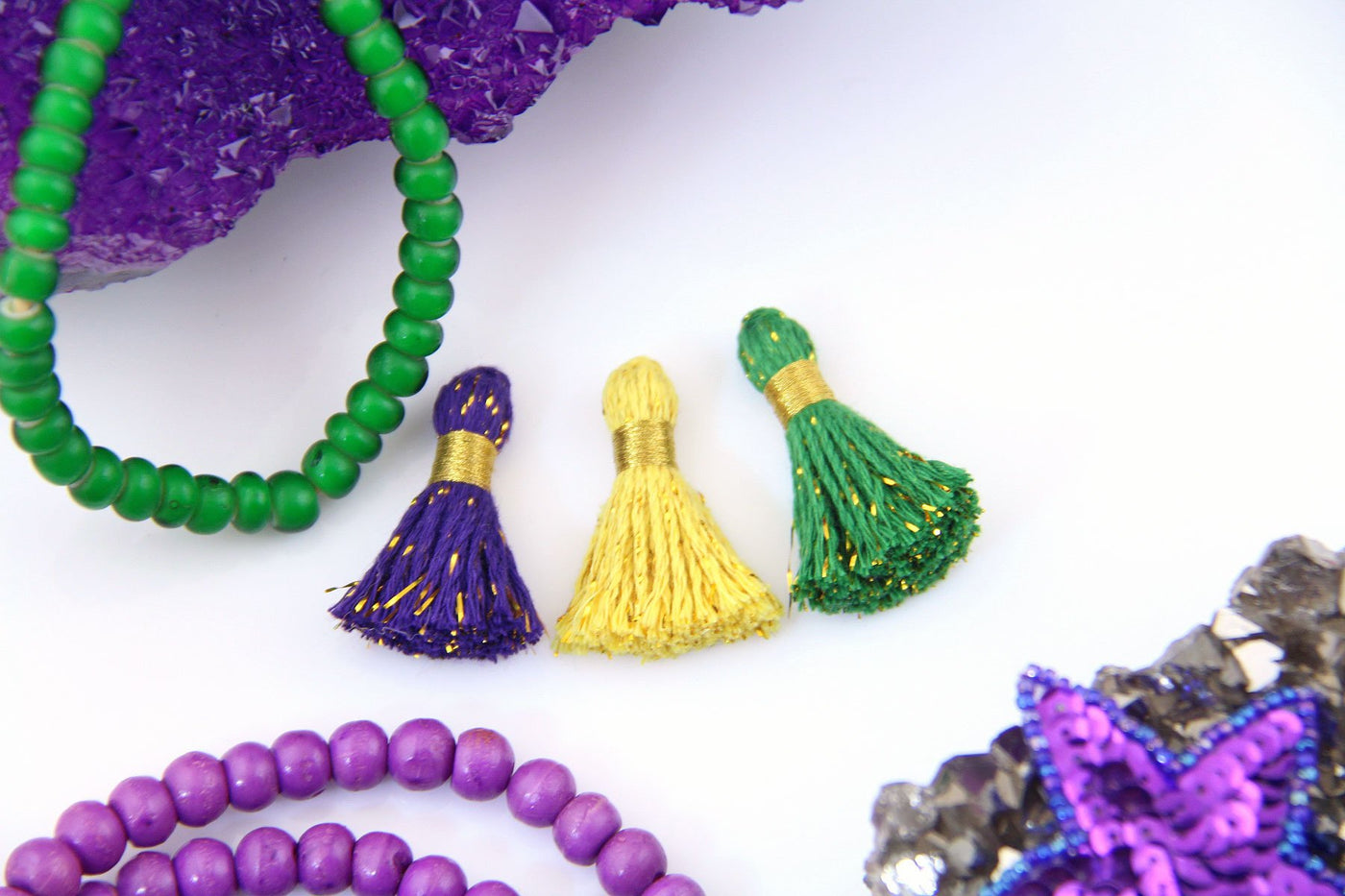 Mardi Gras: Cotton & Sparkly Tinsel Tassels, 1.25" Fringe Pendant Charms, Jewelry Making Supplies