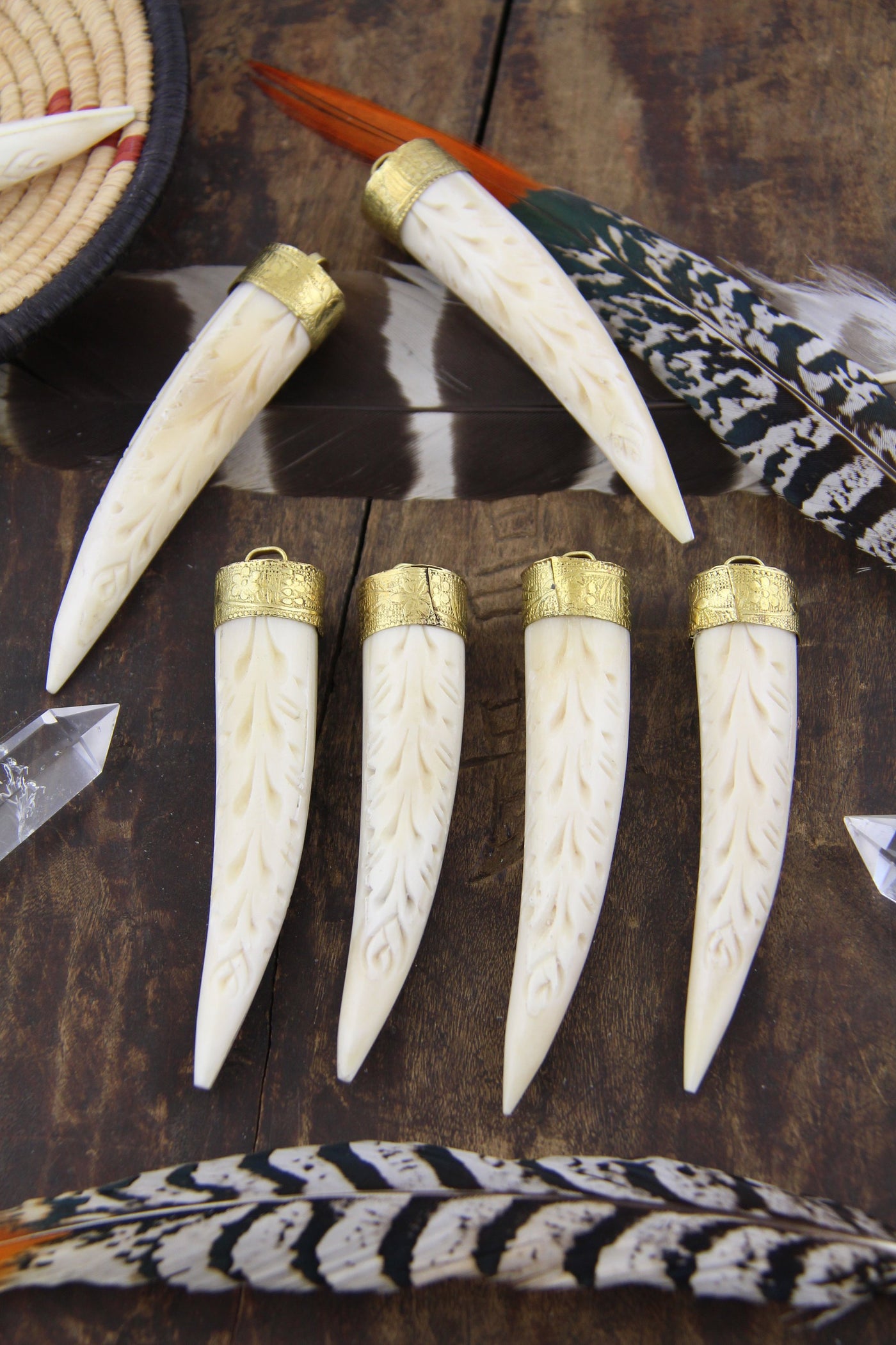 Carved Tusk: Natural Inlaid Bone, Brass Nepali Tribal Pendant,3" piece