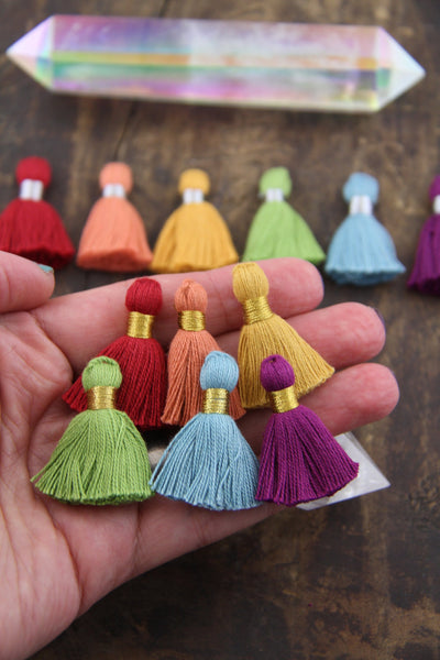 Autumn Rainbow Mix, 6 Mini Tassels,1.25" Cotton Fringe for DIY Jewelry Making