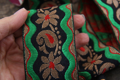 Gold Paisleys & Flowers: Red, Green, Black Silk Trim, 2" x 1 yard, Holiday Craft + Sewing Supplies