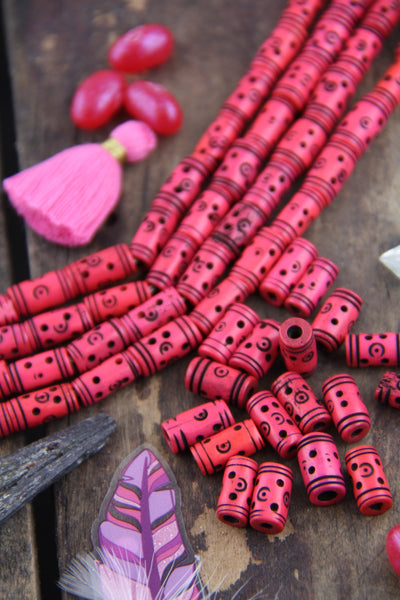 Hot Pink Tribal Barrel:Handmade Bone Beads, 7x14mm, 16 pcs