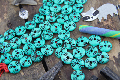 Minty Green Tribal Donuts: Handmade Painted Carved Donut Beads, 5x16mm, 12 pcs - ShopWomanShopsWorld.com. Bone Beads, Tassels, Pom Poms, African Beads.