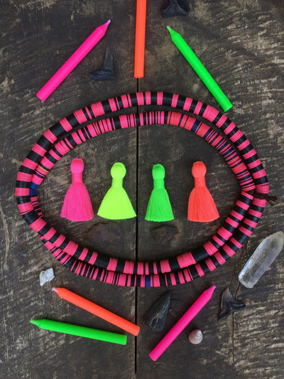 Neon Mini Tassels, 1.25" Fluorescent Fringe Pendants, 4 Pieces