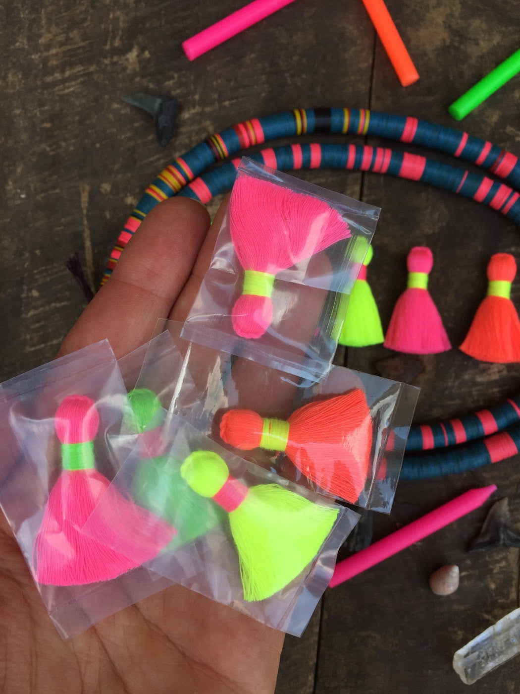 Multi Neon Mini Tassels, 1.25" Fluorescent Fringe Pendants, 4 Pieces