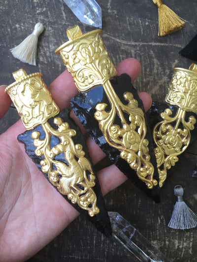 Black Obsidian Arrowhead Pendants with 24KT Gold Vermeil Caps, 5"x1", Large Designer, Boho Tribal Jewelry Making Supply, 1 Pc - ShopWomanShopsWorld.com. Bone Beads, Tassels, Pom Poms, African Beads.