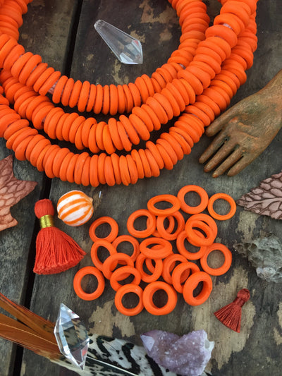Matte Pumpkin Orange Dutch Donut Dogan Beads, Mali, Africa, Large Hole Glass Beads, Boho Tribal 11-12mm, Mermaid Beachy Jewelry Making, 10pc - ShopWomanShopsWorld.com. Bone Beads, Tassels, Pom Poms, African Beads.