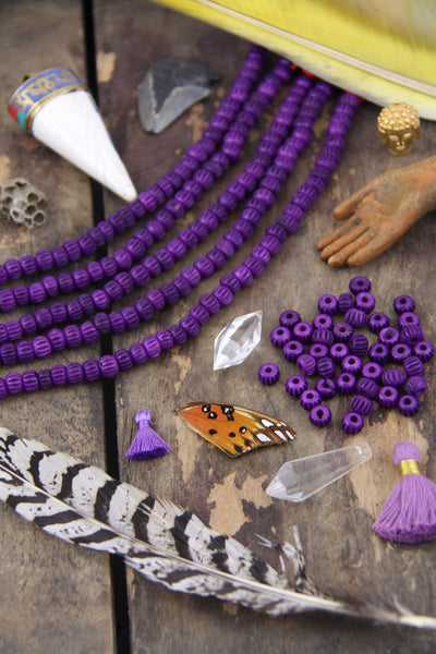 Purple Grooved Melon: Hand Carved Bone Beads, 4x7mm, 40 pieces - ShopWomanShopsWorld.com. Bone Beads, Tassels, Pom Poms, African Beads.