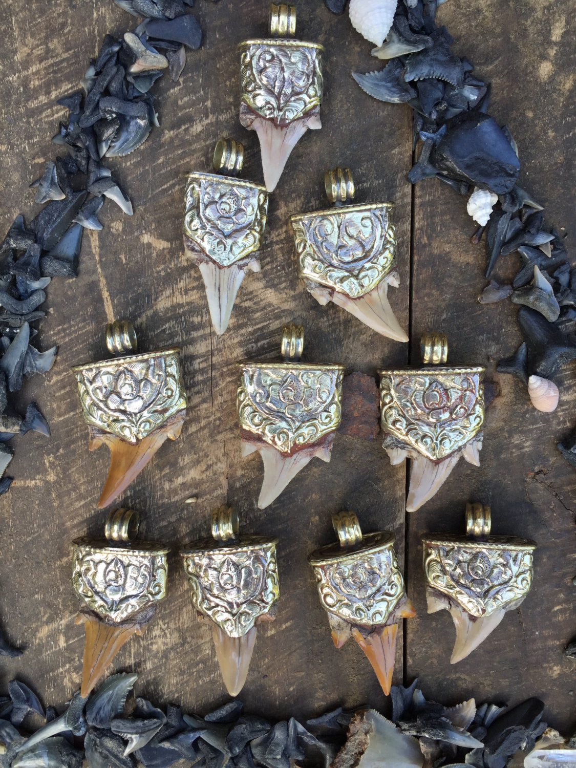 Shark Bite : Natural Shark Tooth, Teeth Pendant with White Brass Caps, 1.25"x3", Summer Beach Style, Designer Jewelry Making Supply, 1 Piece - ShopWomanShopsWorld.com. Bone Beads, Tassels, Pom Poms, African Beads.