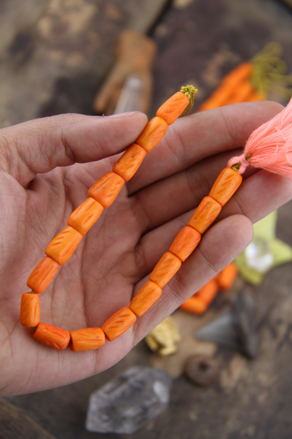 Orange Tribal Obelisk: Hand CarvedBone Beads, 7x13mm, 16 pieces - ShopWomanShopsWorld.com. Bone Beads, Tassels, Pom Poms, African Beads.