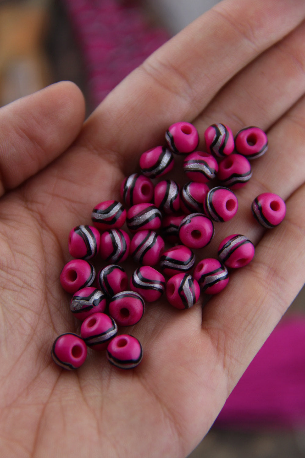 Hot Pink, Silver, Black : Painted Rondelle Bone Beads, 6x8mm, 31 pcs