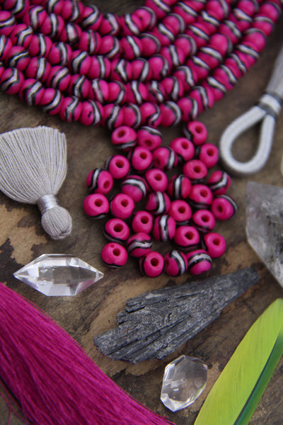 Hot Pink, Silver, Black : Painted Rondelle Bone Beads, 6x8mm, 31 pcs