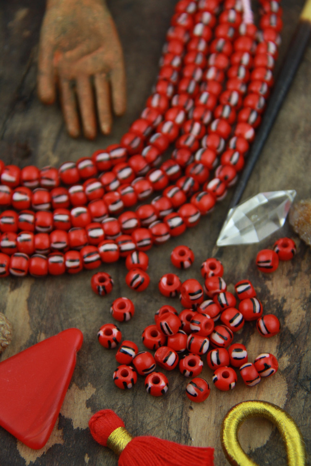 Red Watermelon: Black & White Striped Bone Beads, 6x5mm, 39 pieces - ShopWomanShopsWorld.com. Bone Beads, Tassels, Pom Poms, African Beads.