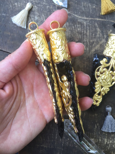 Black Obsidian Arrowhead Pendants with 24KT Gold Vermeil Caps, 5"x1", Large Designer, Boho Tribal Jewelry Making Supply, 1 Pc - ShopWomanShopsWorld.com. Bone Beads, Tassels, Pom Poms, African Beads.