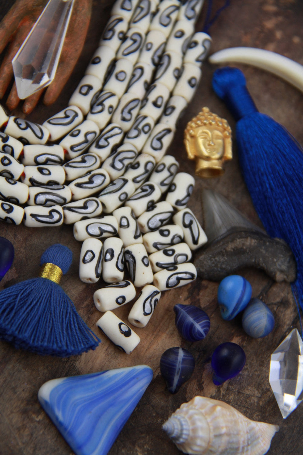 Silver Black Cream Comma Tube: Painted Bone Beads, 6x12mm, 16 pieces - ShopWomanShopsWorld.com. Bone Beads, Tassels, Pom Poms, African Beads.