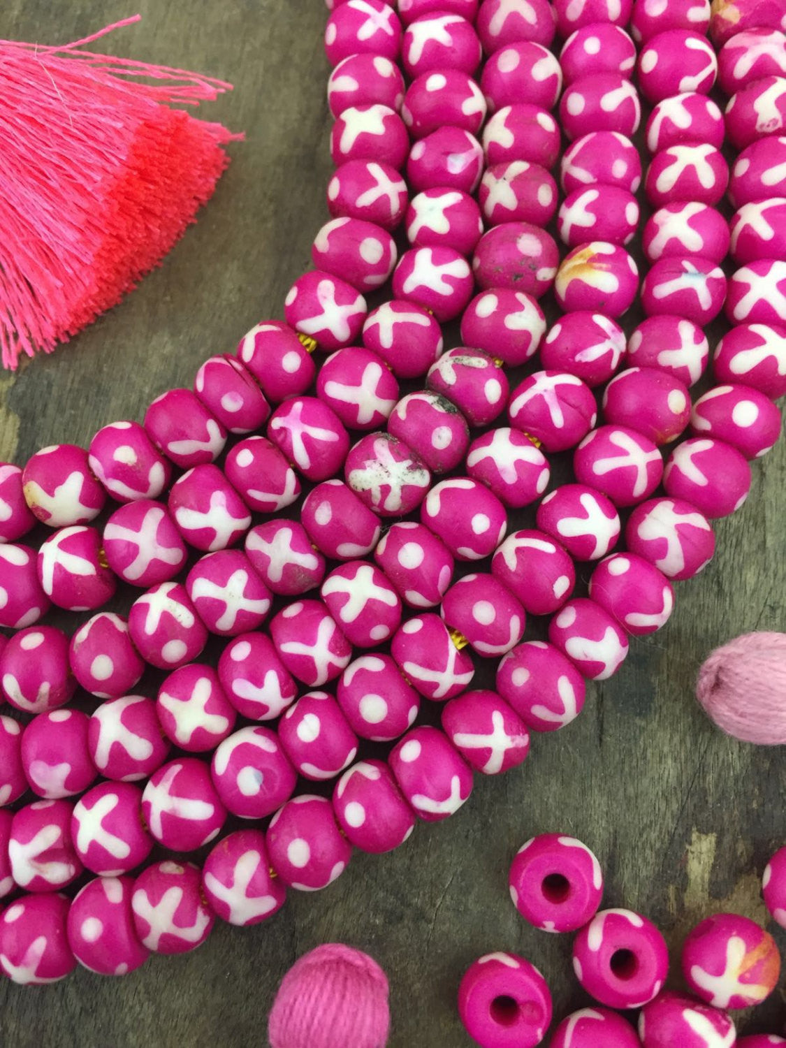 Pink & Cream X.X. : Painted, Large Hole Bone Rondelle Beads, 6x4mm, Boho Natural Craft, Tribal, Bohemian Mala Jewelry Making Supply, 40 pcs - ShopWomanShopsWorld.com. Bone Beads, Tassels, Pom Poms, African Beads.