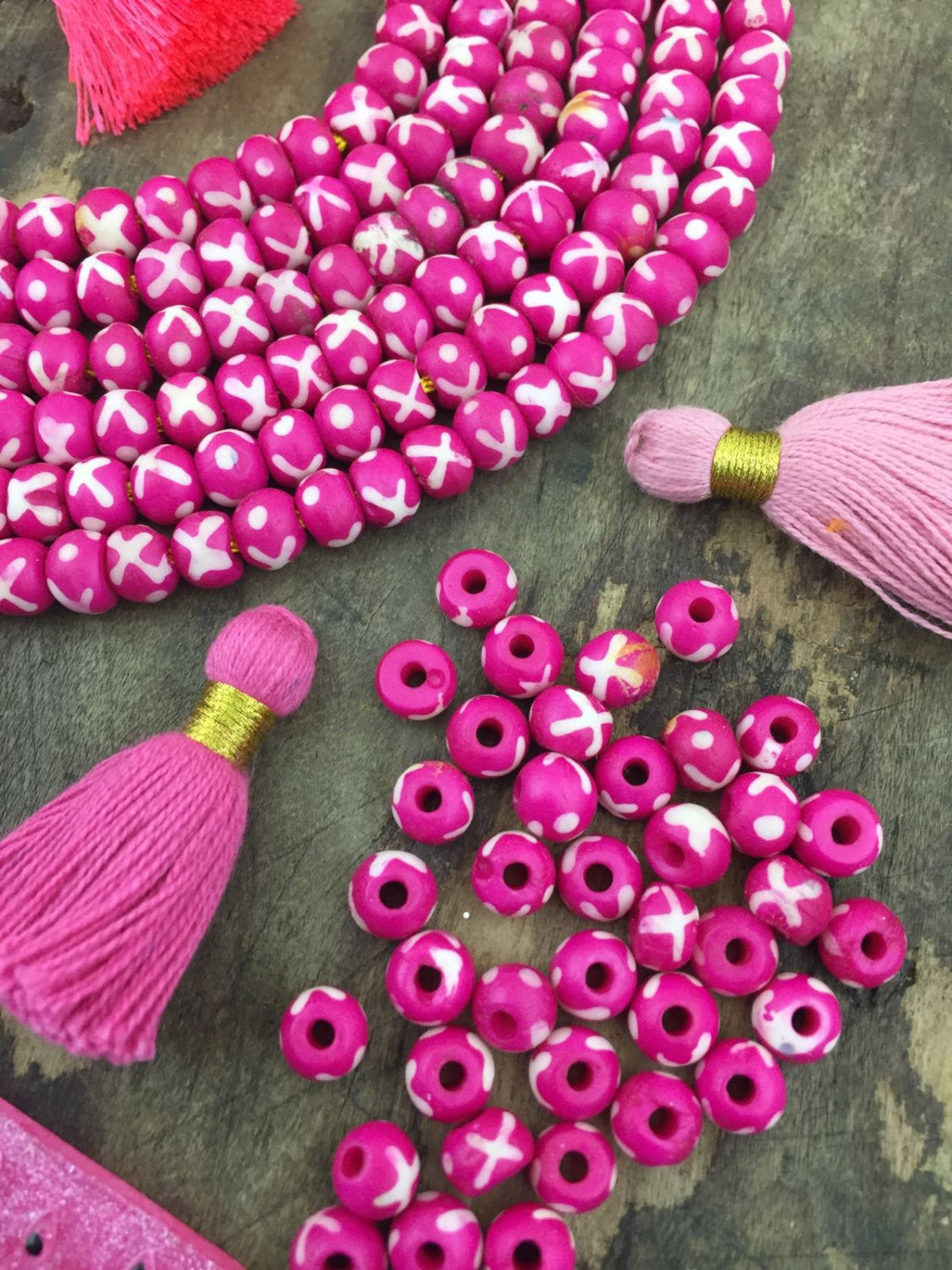 Pink & Cream X.X. : Painted, Large Hole Bone Rondelle Beads, 6x4mm, Boho Natural Craft, Tribal, Bohemian Mala Jewelry Making Supply, 40 pcs - ShopWomanShopsWorld.com. Bone Beads, Tassels, Pom Poms, African Beads.