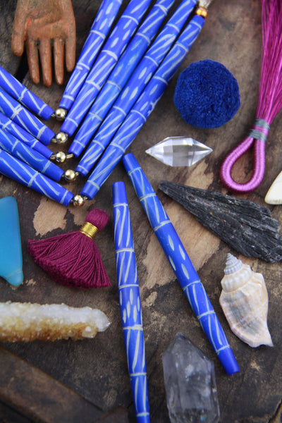 Cobalt Blue & Cream 4" HairPipe: Carved Handmade Large Hole Bone Tube Beads, Tribal Native Jewelry Making Supply, Bohemian Fall Style, 2 pcs - ShopWomanShopsWorld.com. Bone Beads, Tassels, Pom Poms, African Beads.