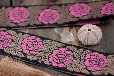 Pink Blossom: Jacquard Trim, Sari Border, India, 2"x1 yard, Pink, Black, Gold Metallic Floral Craft, Decorating, Wedding, Sewing Supply - ShopWomanShopsWorld.com. Bone Beads, Tassels, Pom Poms, African Beads.