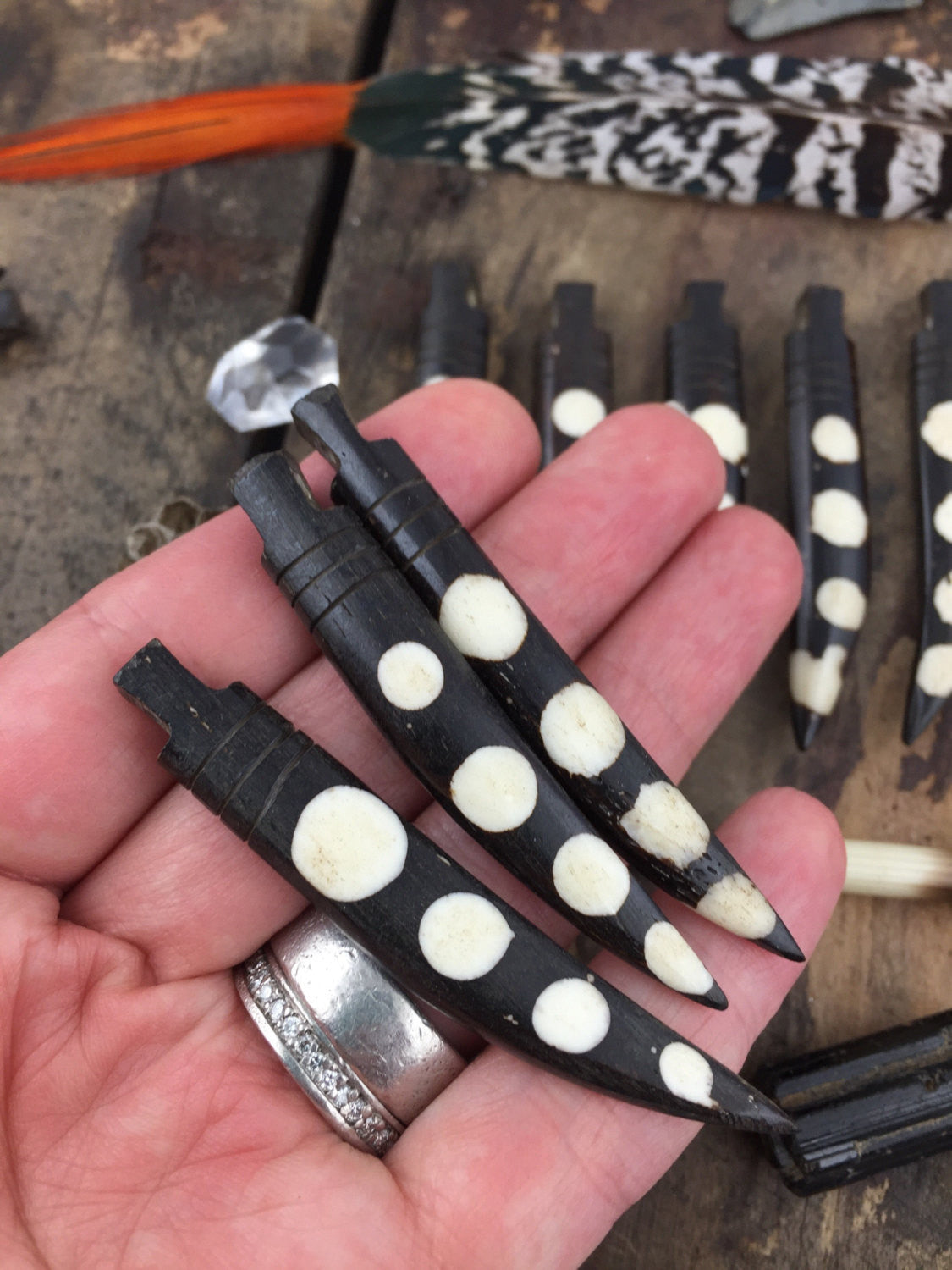 Dotted African Batik Bone Dagger Tusk Pendant, 10x72mm, 1 piece - ShopWomanShopsWorld.com. Bone Beads, Tassels, Pom Poms, African Beads.