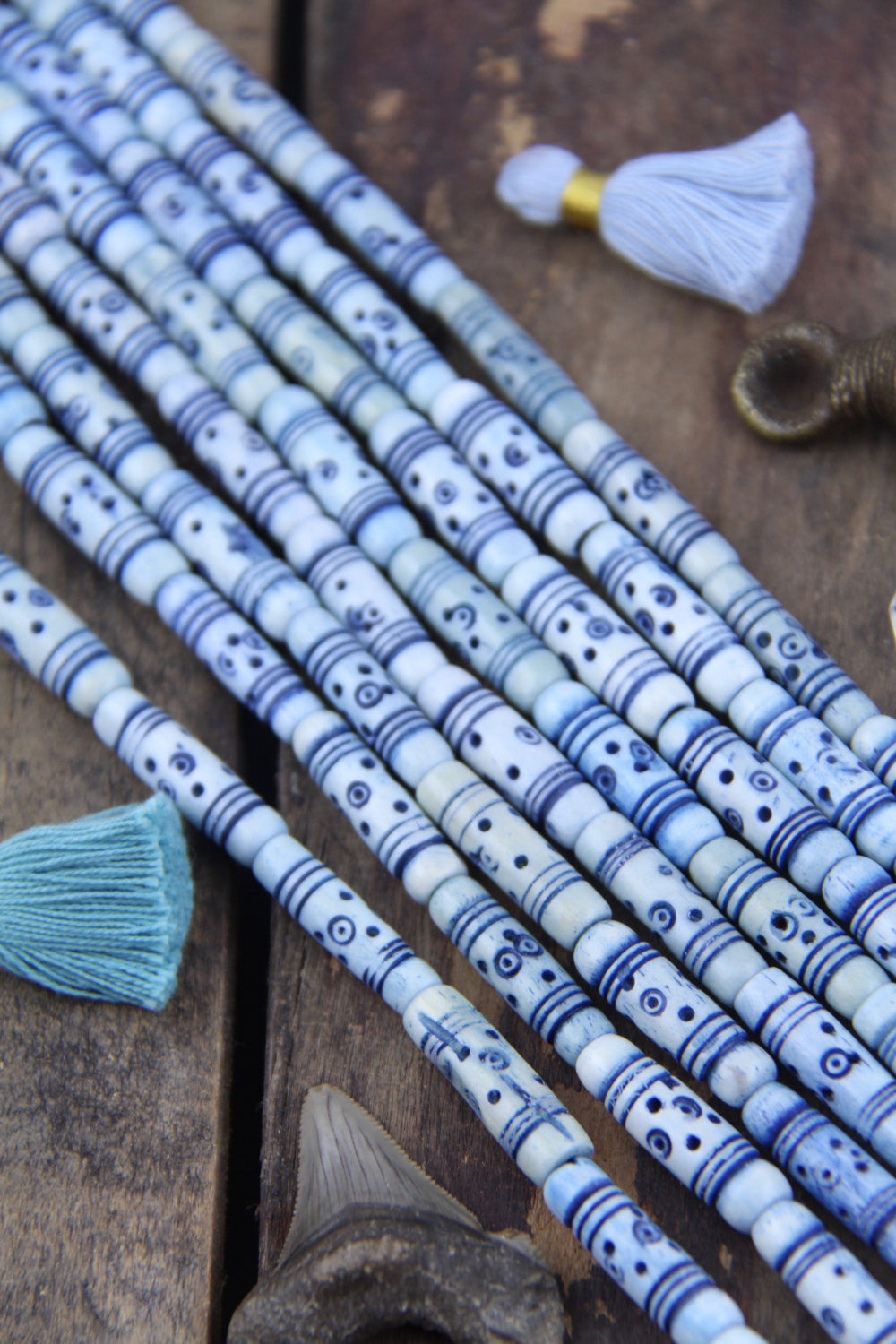 Denim Airy Blue Tribal Target Tube: Carved Bone Beads, 7x25mm, 9 piece