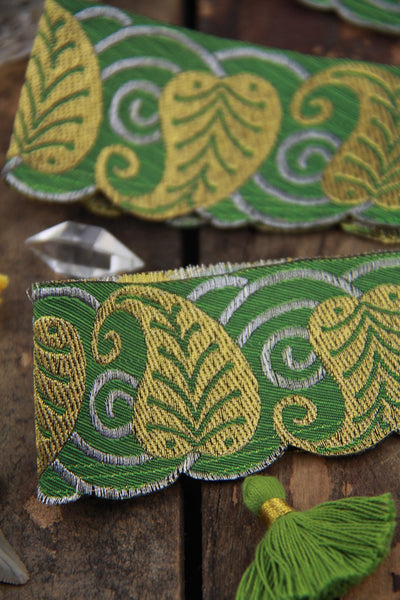 Green Scalloped Leaves: Green, Gold Jacquard Trim Ribbon, Sari Border 2" x 1 yard, Holiday Gift Wrap, Decorating, Wedding, Sewing Supply - ShopWomanShopsWorld.com. Bone Beads, Tassels, Pom Poms, African Beads.