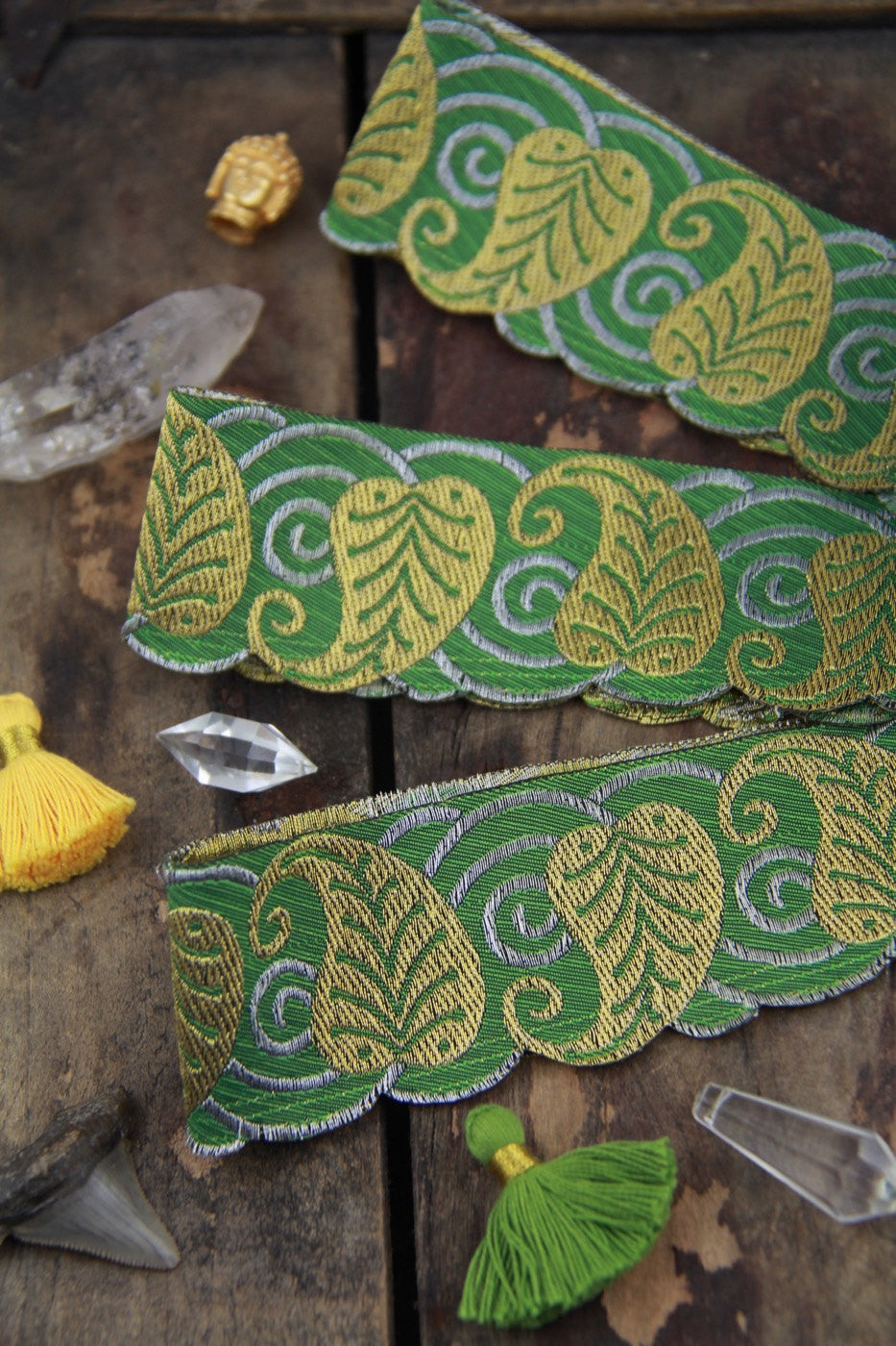 Green Scalloped Leaves: Green, Gold Jacquard Trim Ribbon, Sari Border 2" x 1 yard, Holiday Gift Wrap, Decorating, Wedding, Sewing Supply - ShopWomanShopsWorld.com. Bone Beads, Tassels, Pom Poms, African Beads.