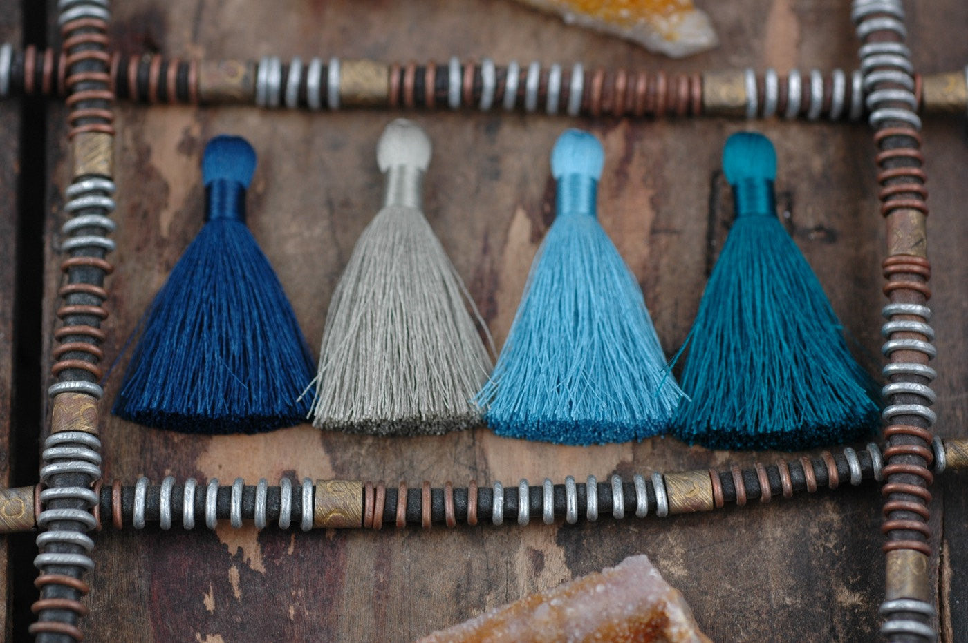 Tranquil Waters, 2" Silky Tassel Mixed Pack, 4 pieces - ShopWomanShopsWorld.com. Bone Beads, Tassels, Pom Poms, African Beads.