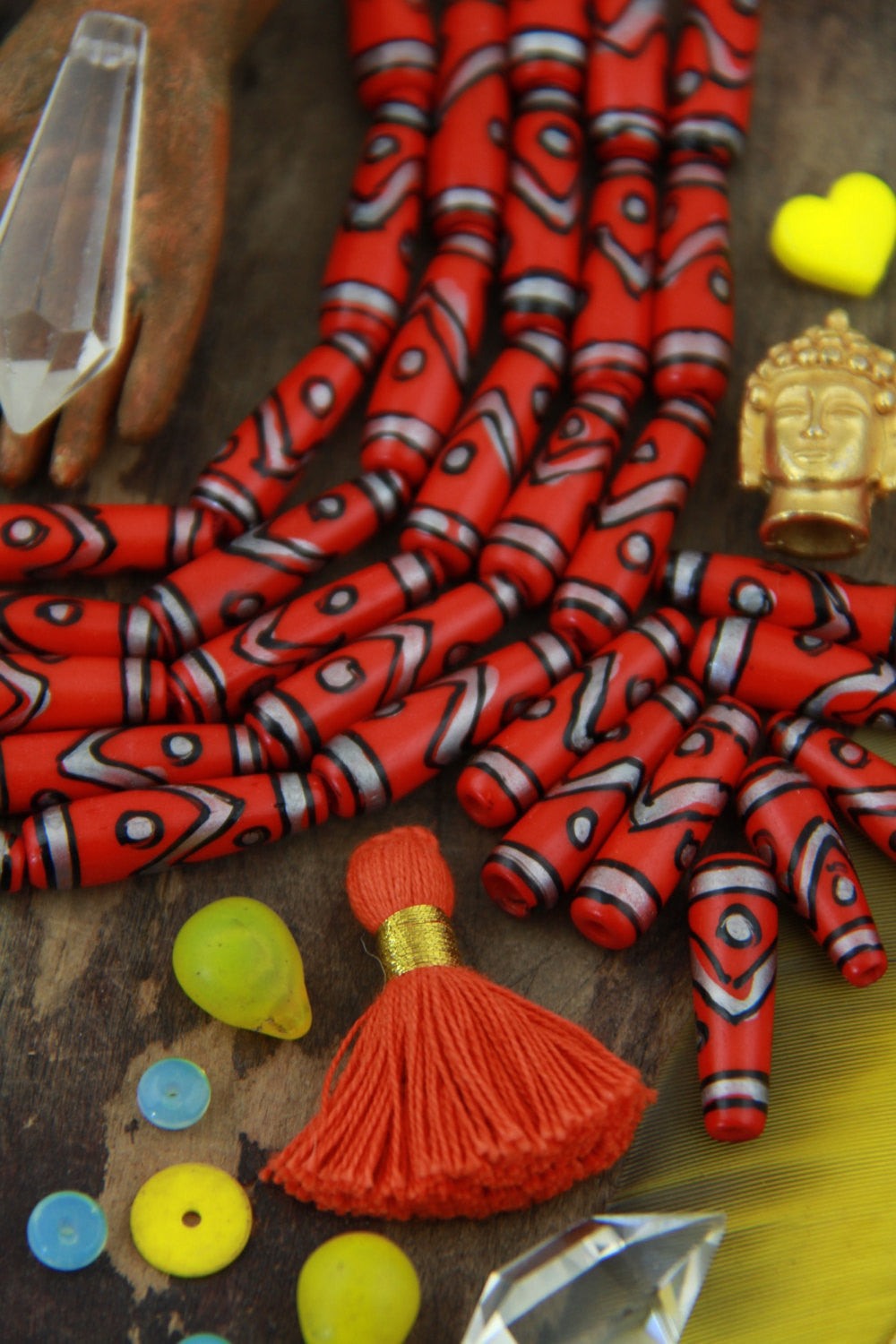 Fiery Red Black Silver Teardrop Tube : Large Hole Hand Painted Bone Beads, 6x25mm, Bohemian Tribal Jewelry Making Supplies, Boho, 8 pcs - ShopWomanShopsWorld.com. Bone Beads, Tassels, Pom Poms, African Beads.