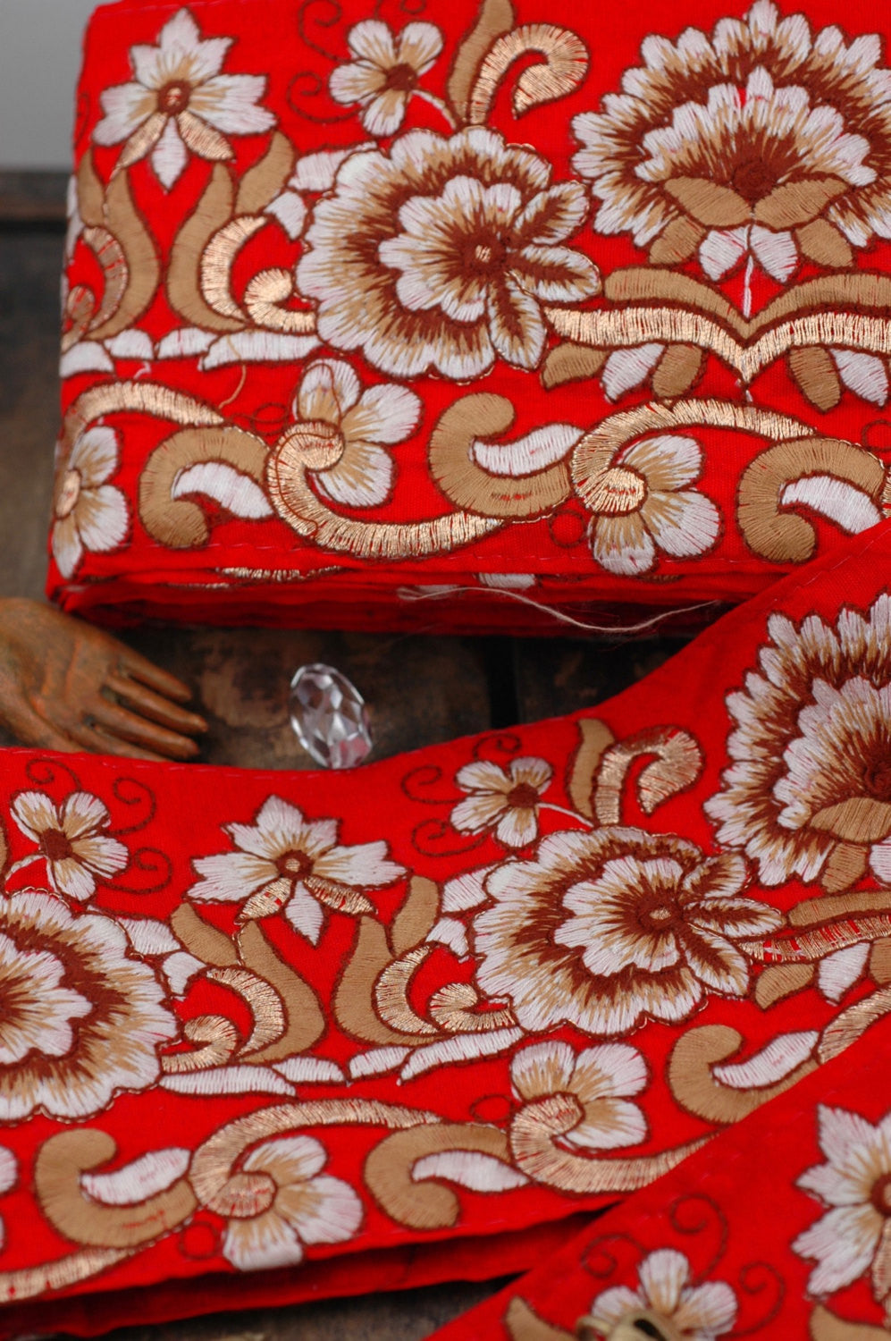 Crimson Garden: Red and Gold Silk Trim, Ribbon, Sari Border, India 4"x1 Yard, Winter Floral Craft and Sewing Supplies, Metallic Accents - ShopWomanShopsWorld.com. Bone Beads, Tassels, Pom Poms, African Beads.
